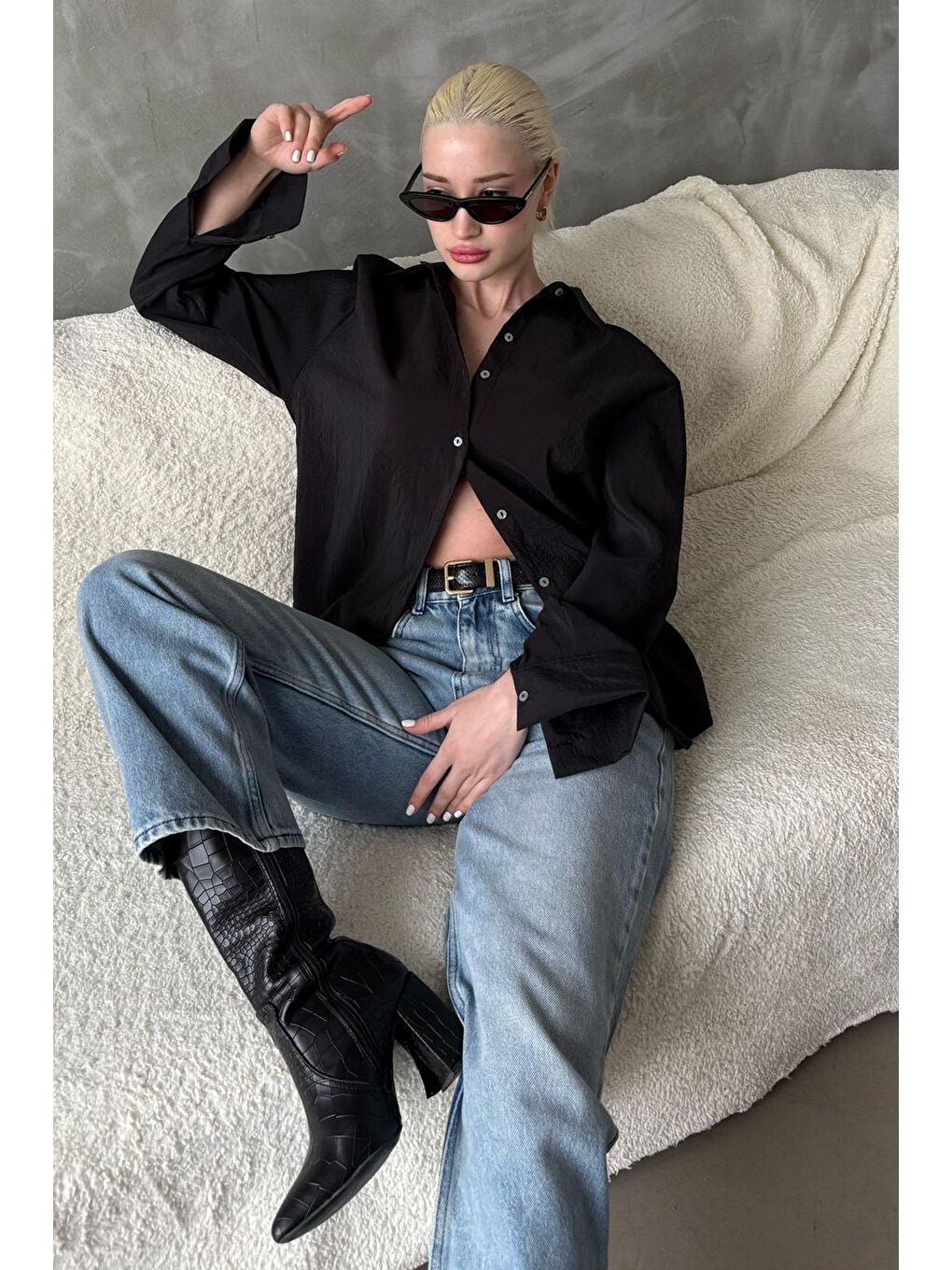 Siyah Kırışık Desen Kadın Gömlek Mg2313-2