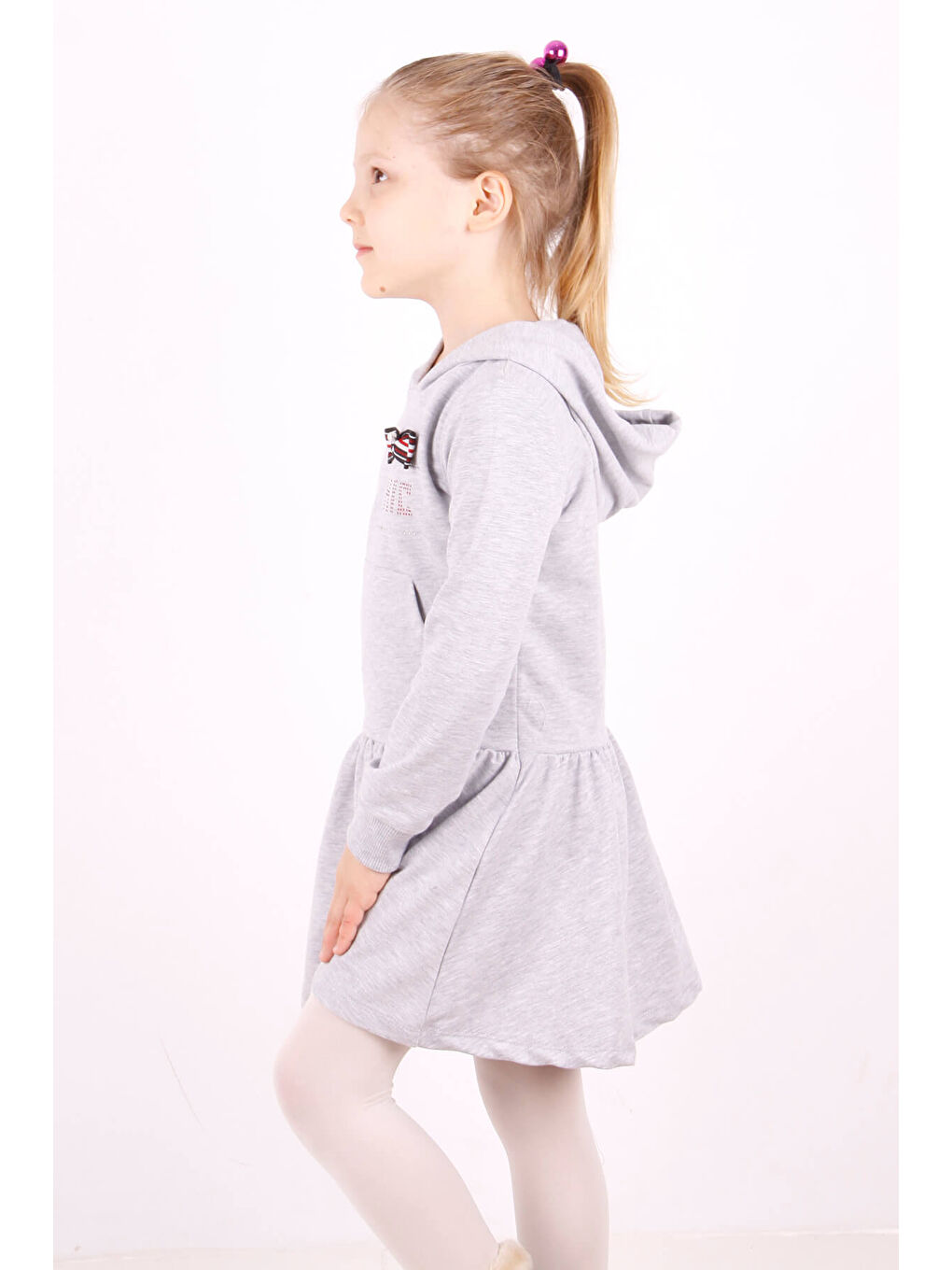 Gri Kız Çocuk Kapüşonlu Taş İşlemeli Elbise-1