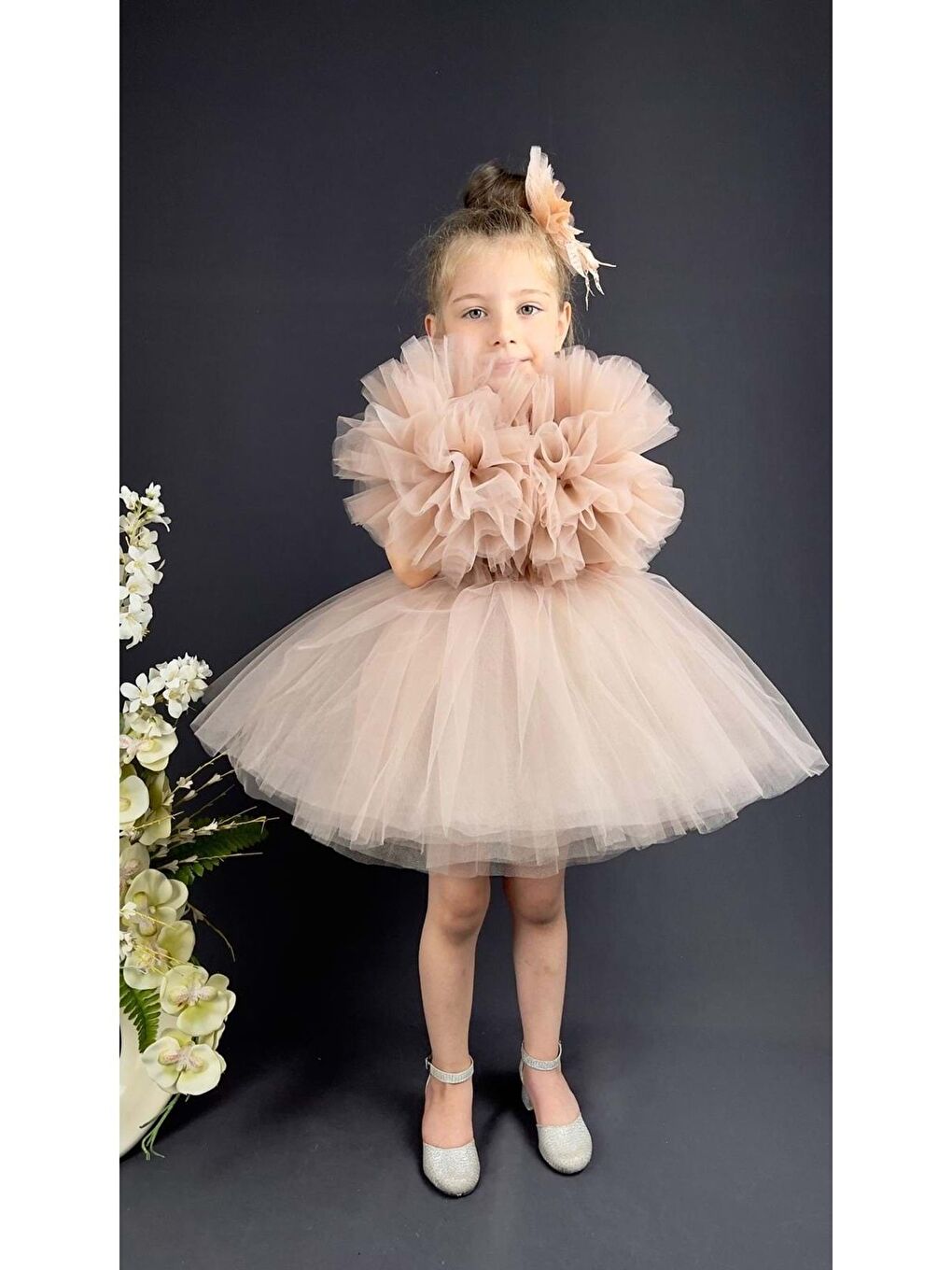 Pembe Şifon Robalı Ponpon Kol Pul Payetli Kız Çocuk Kabarık Etek Tütülü Abiye