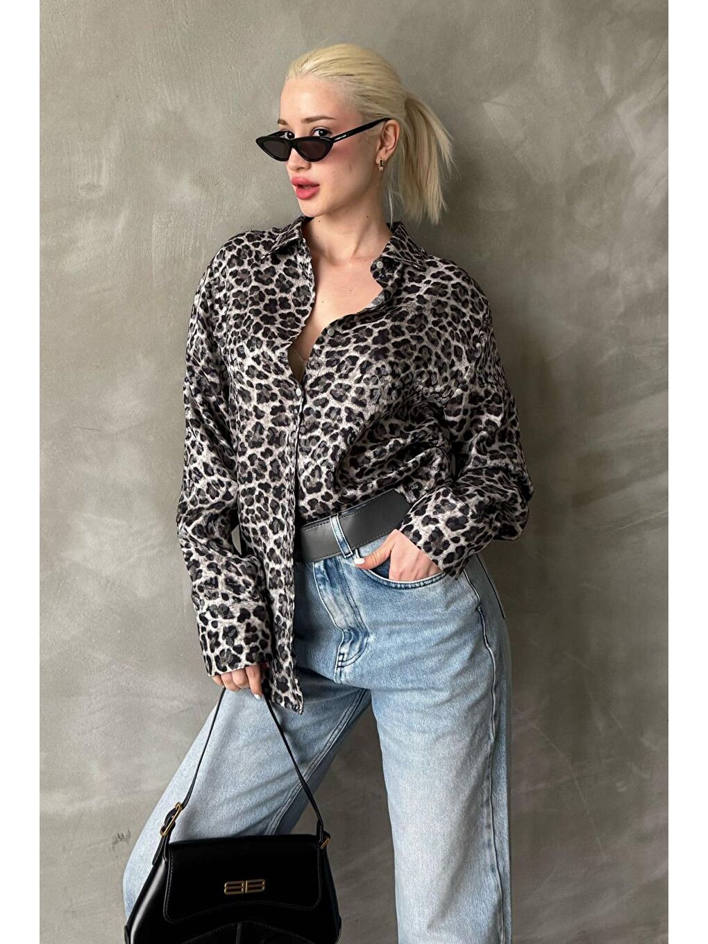 Madmext Siyah Leopar Desen Kadın Gömlek Mg2296