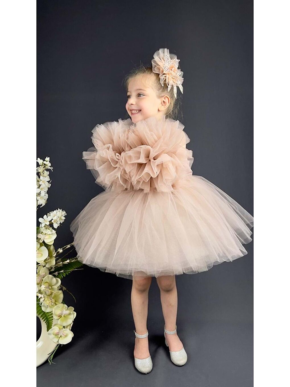 Pembe Şifon Robalı Ponpon Kol Pul Payetli Kız Çocuk Kabarık Etek Tütülü Abiye-1