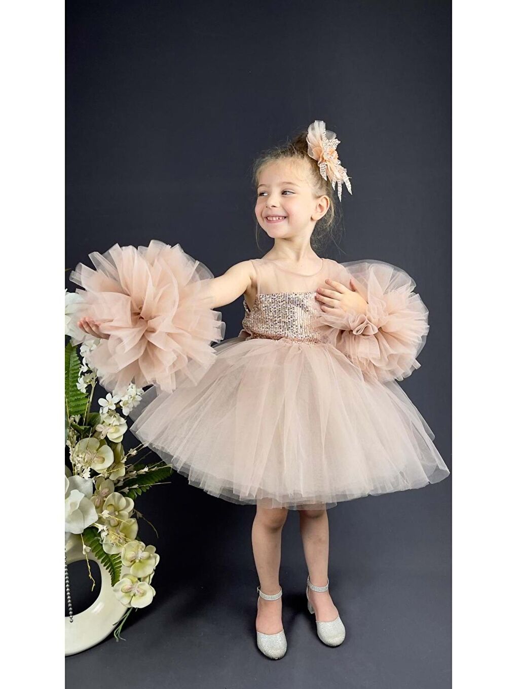 Pembe Şifon Robalı Ponpon Kol Pul Payetli Kız Çocuk Kabarık Etek Tütülü Abiye-2