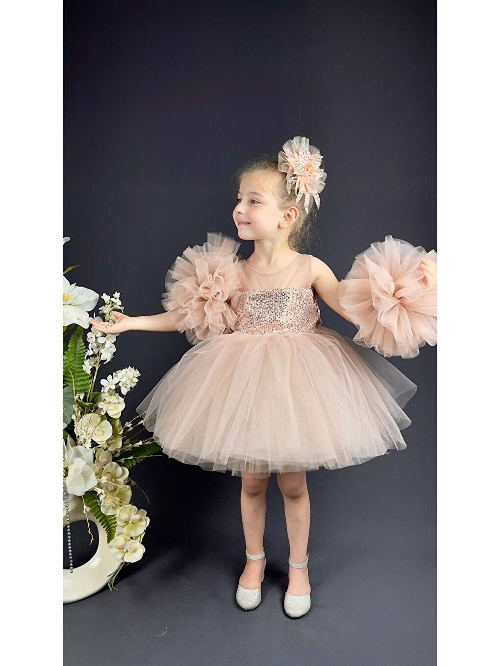 Pembe Şifon Robalı Ponpon Kol Pul Payetli Kız Çocuk Kabarık Etek Tütülü Abiye-3