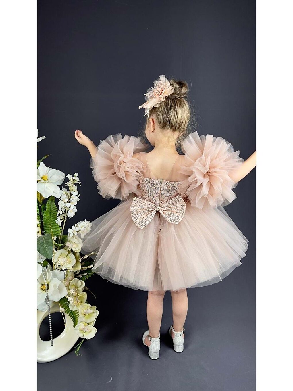 Pembe Şifon Robalı Ponpon Kol Pul Payetli Kız Çocuk Kabarık Etek Tütülü Abiye-5