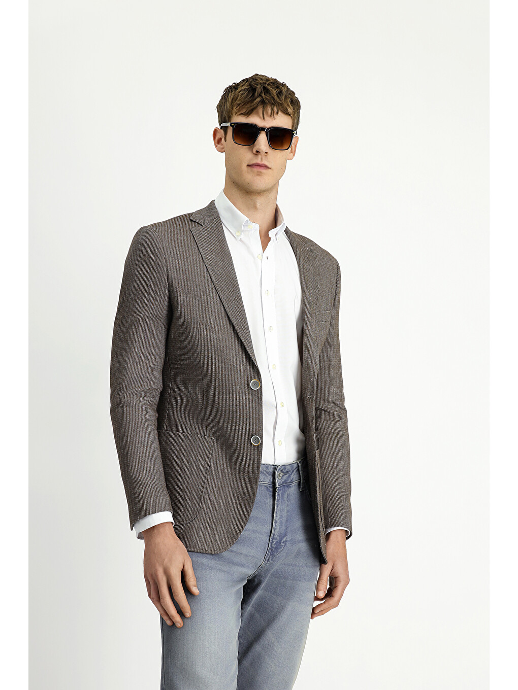 Kahverengi Keten Karışımlı Çizgili Spor Blazer Ceket