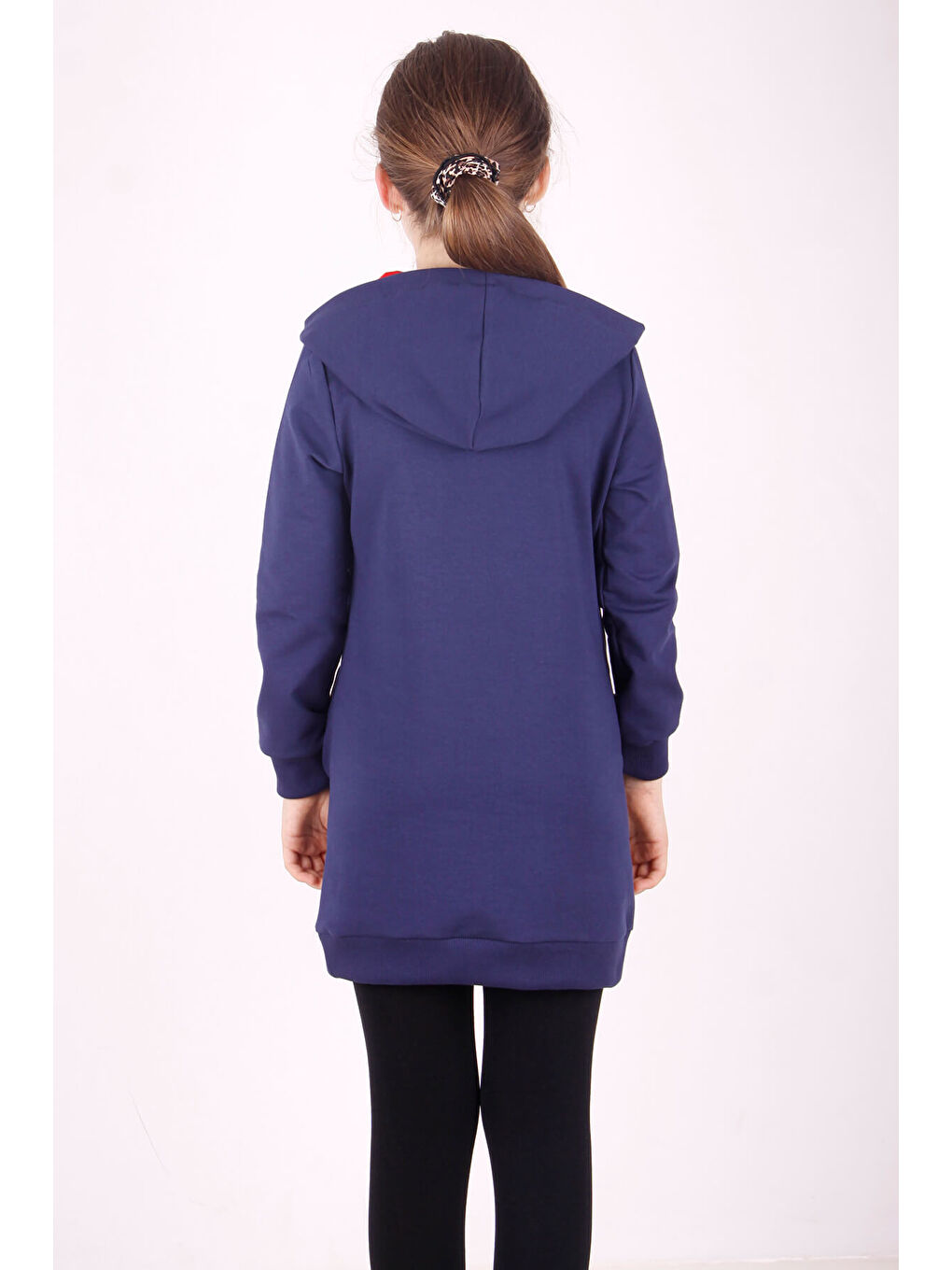 Lacivert Kız Çocuk Bereli Kız Baskılı Kapüşonlu Elbise-1