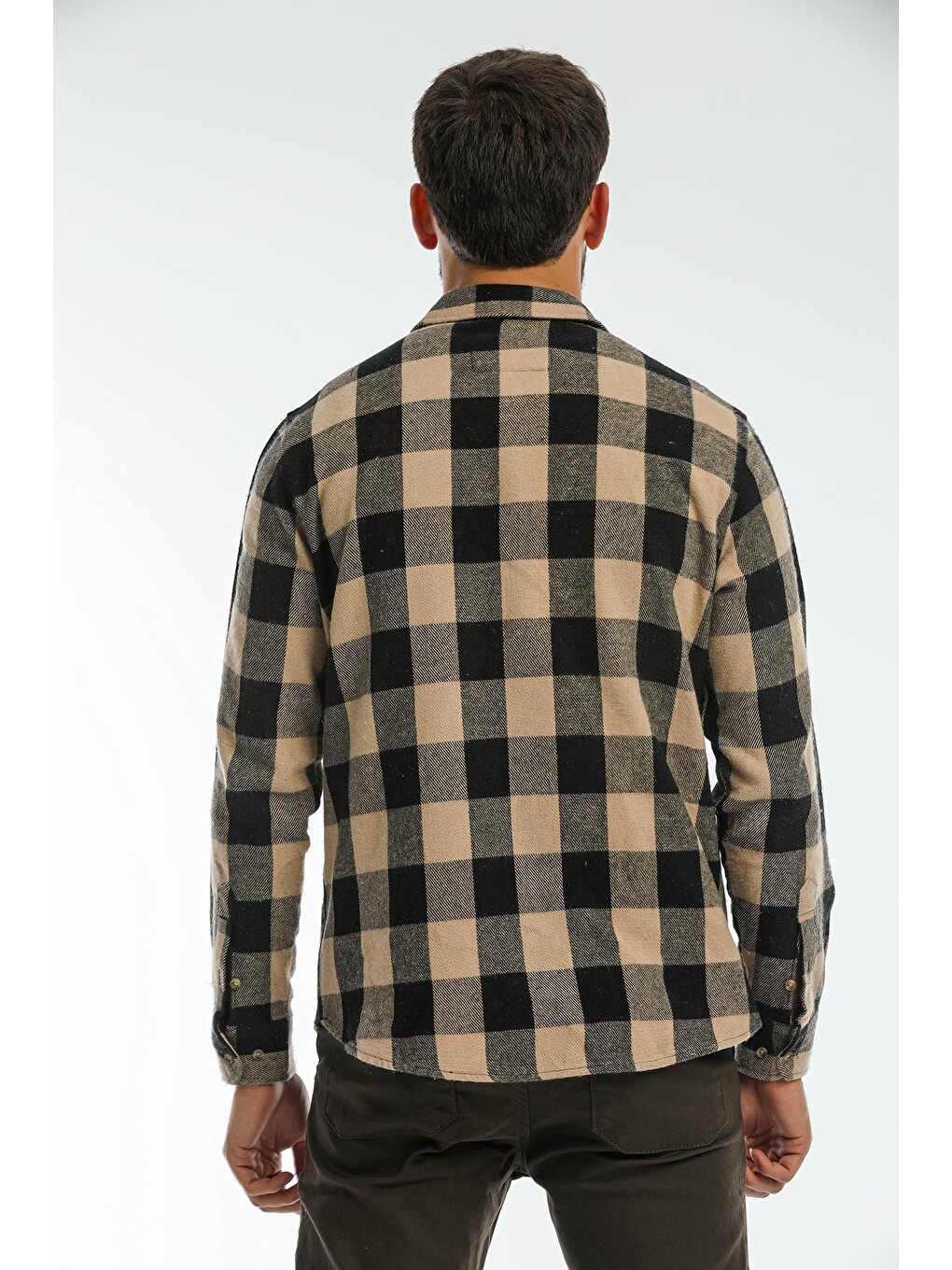 Ekru Çift Cep Kapaklı Oversize Kareli Kalın Ekose Oduncu Erkek Gömlek Ceket Shacket-3