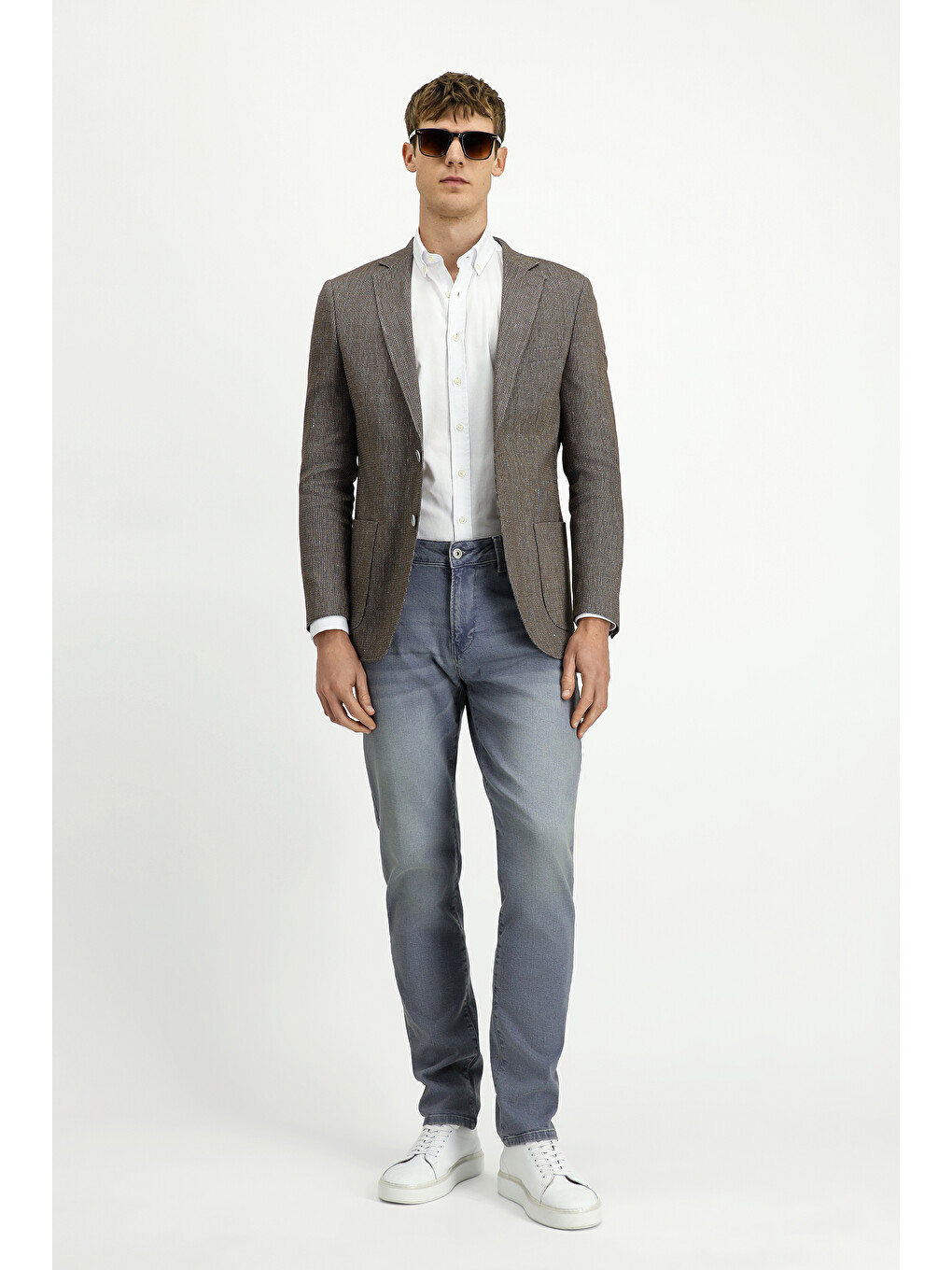 Kahverengi Keten Karışımlı Çizgili Spor Blazer Ceket-1
