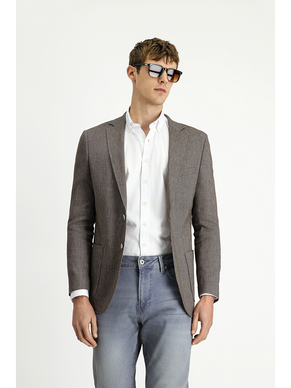 Kahverengi Keten Karışımlı Çizgili Spor Blazer Ceket-2