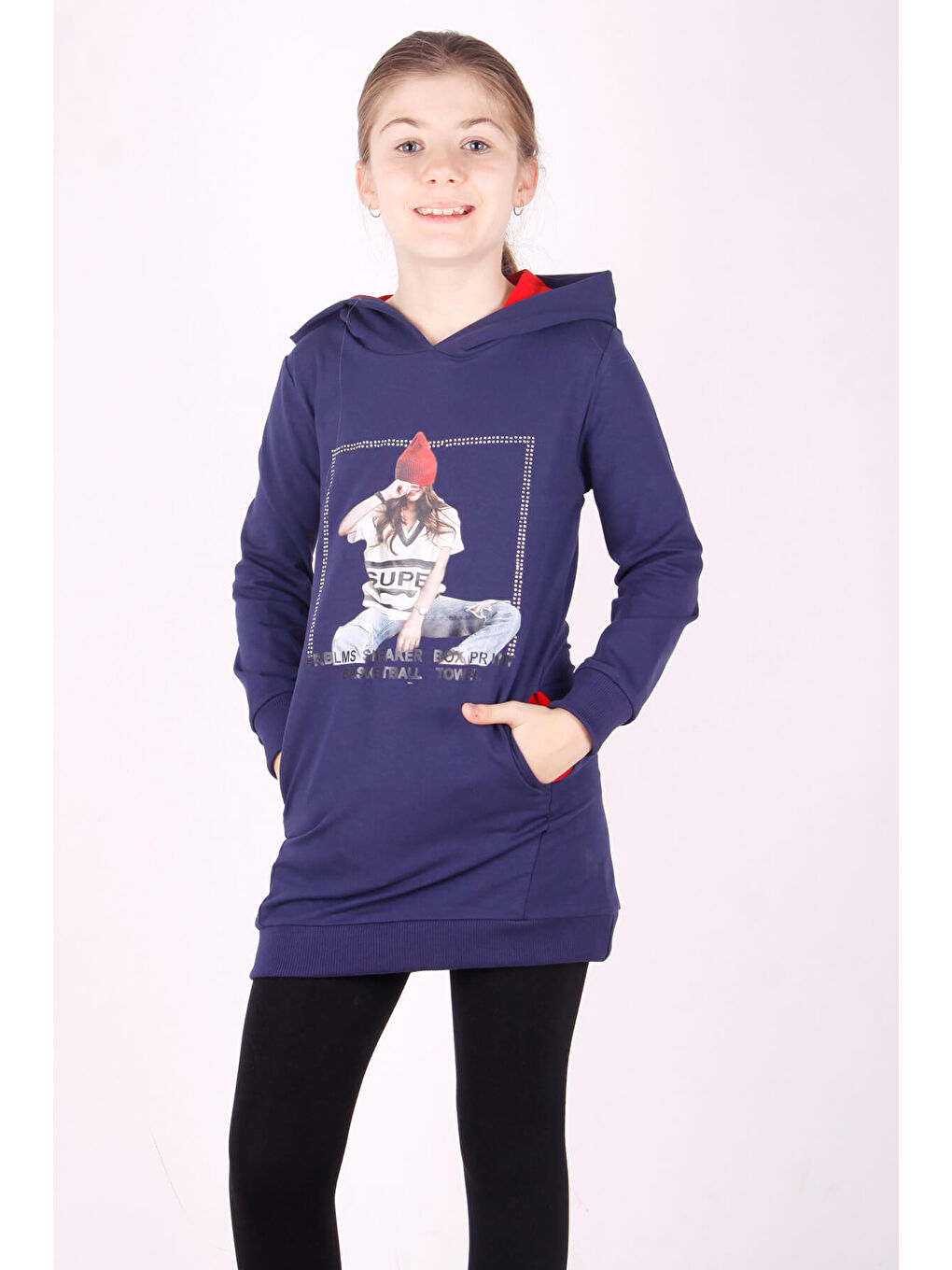 Lacivert Kız Çocuk Bereli Kız Baskılı Kapüşonlu Elbise-2