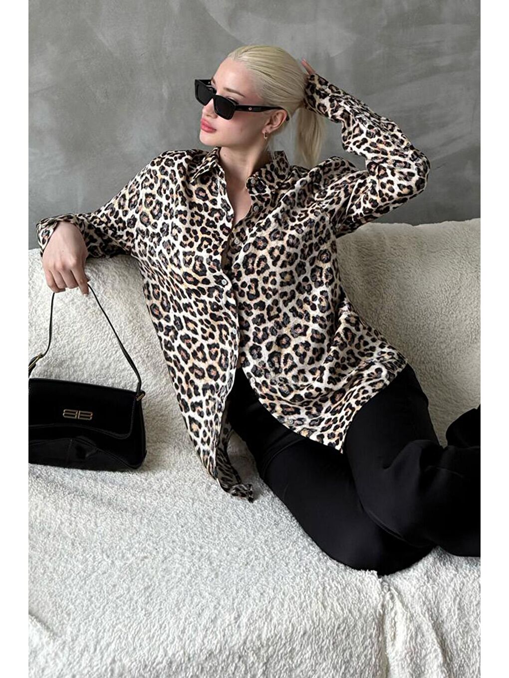 Madmext Bej Leopar Desen Kadın Gömlek Mg2296