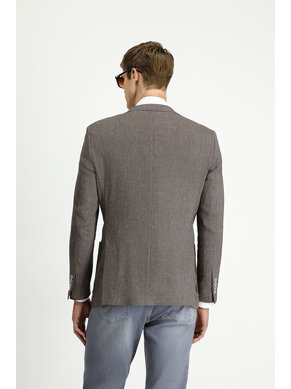Kahverengi Keten Karışımlı Çizgili Spor Blazer Ceket-3