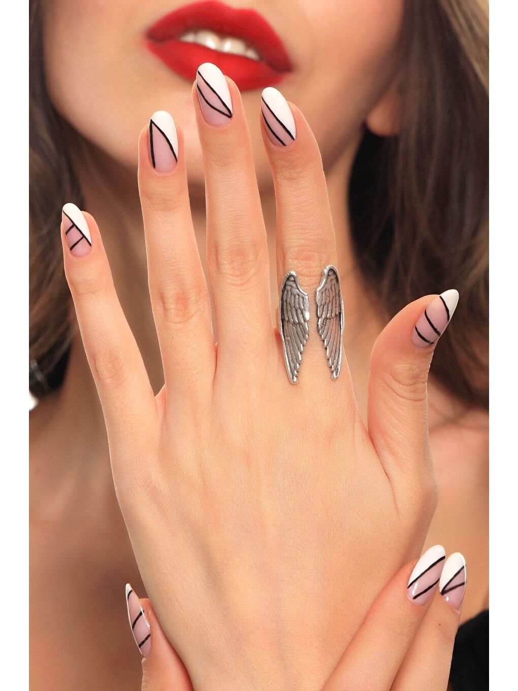 Gri Kadın Antik Gümüş Kaplama Melek Kanadı Yüzük-4