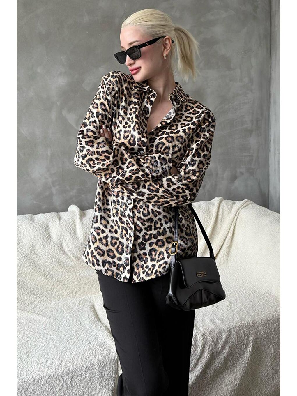 Madmext Bej Leopar Desen Kadın Gömlek Mg2296 - 2
