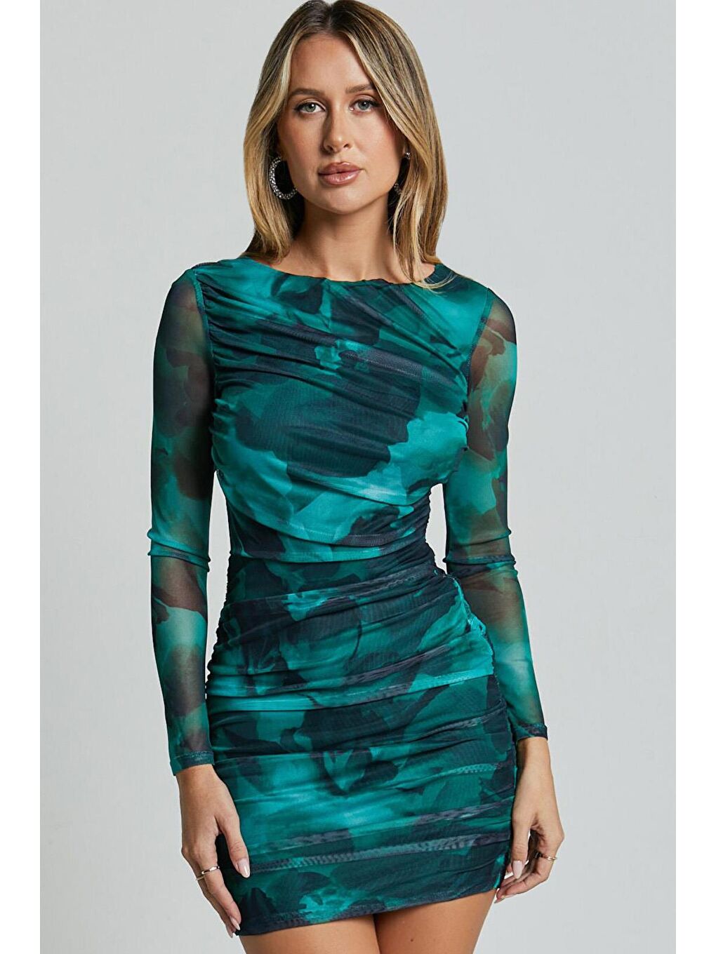 Yeşil Desenli Mini Boy Kadın Elbise Mg2304-4