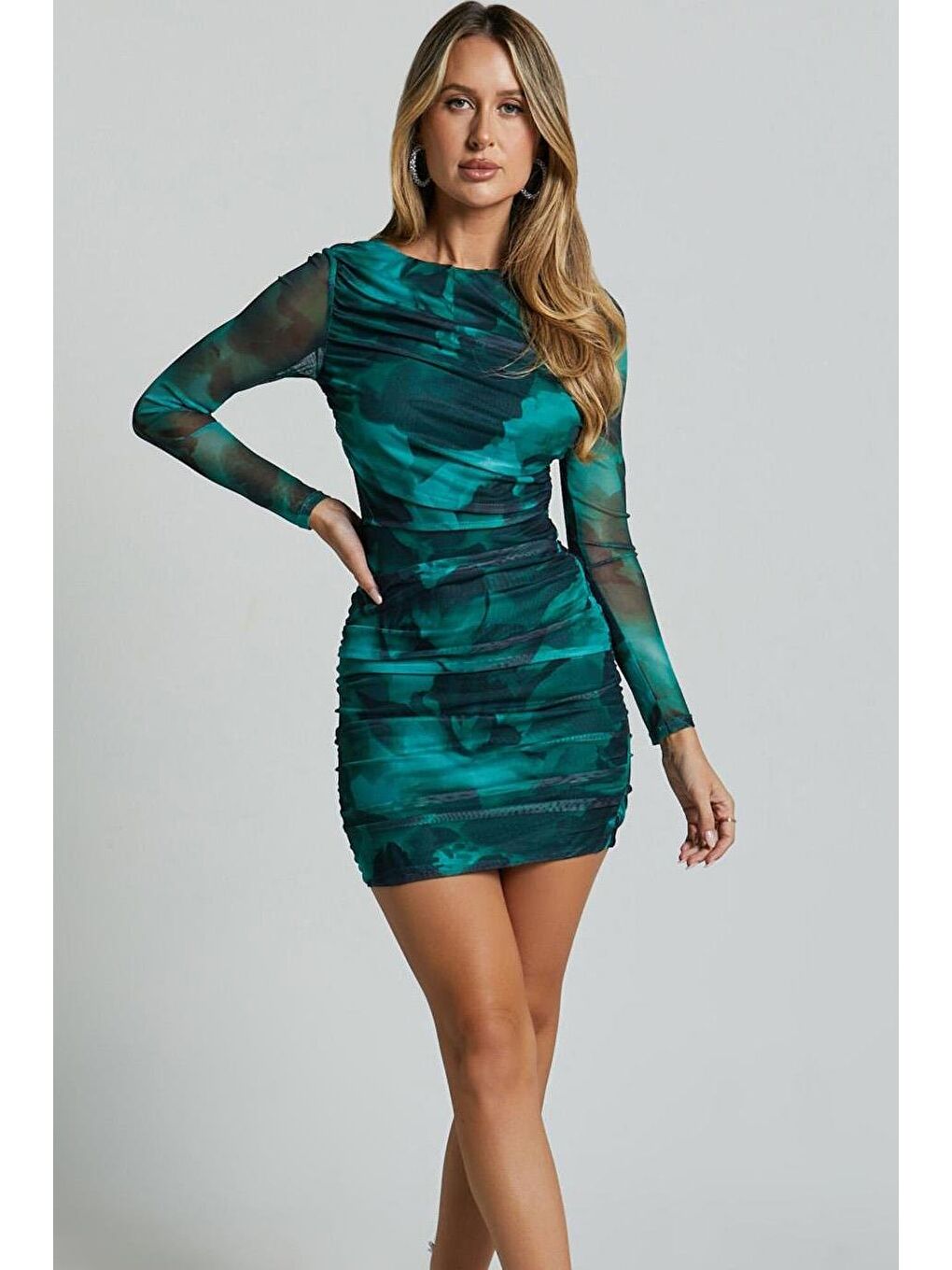 Yeşil Desenli Mini Boy Kadın Elbise Mg2304-7