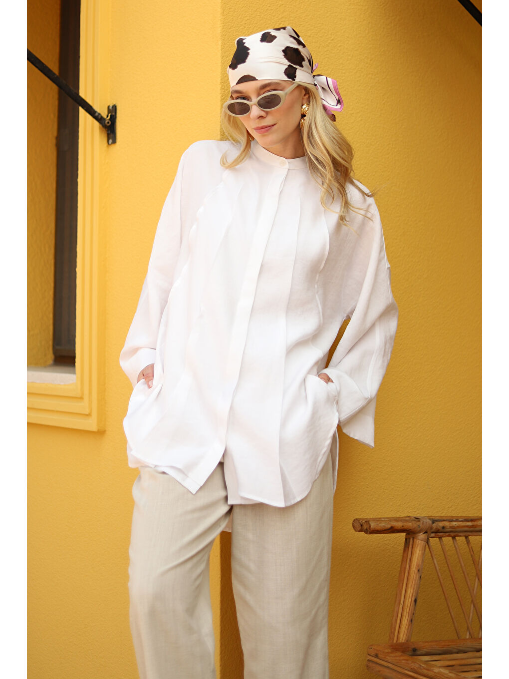 Pile Detaylı Gömlek Beyaz-3