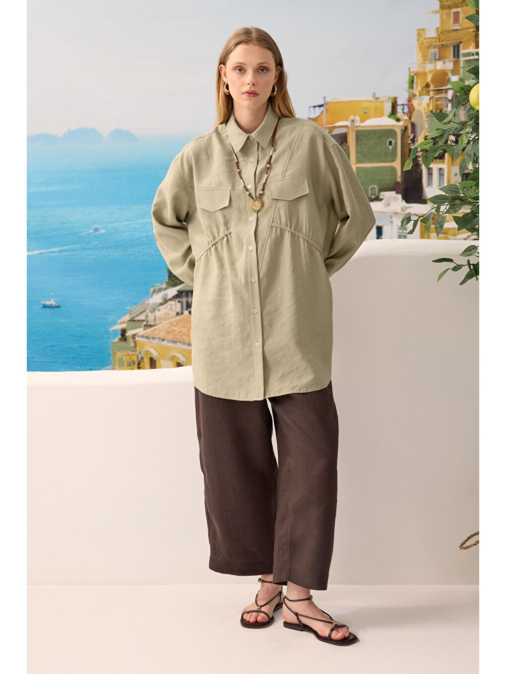 Yeşil Verev Büzgü Detaylı Gömlek Adaçayı-4