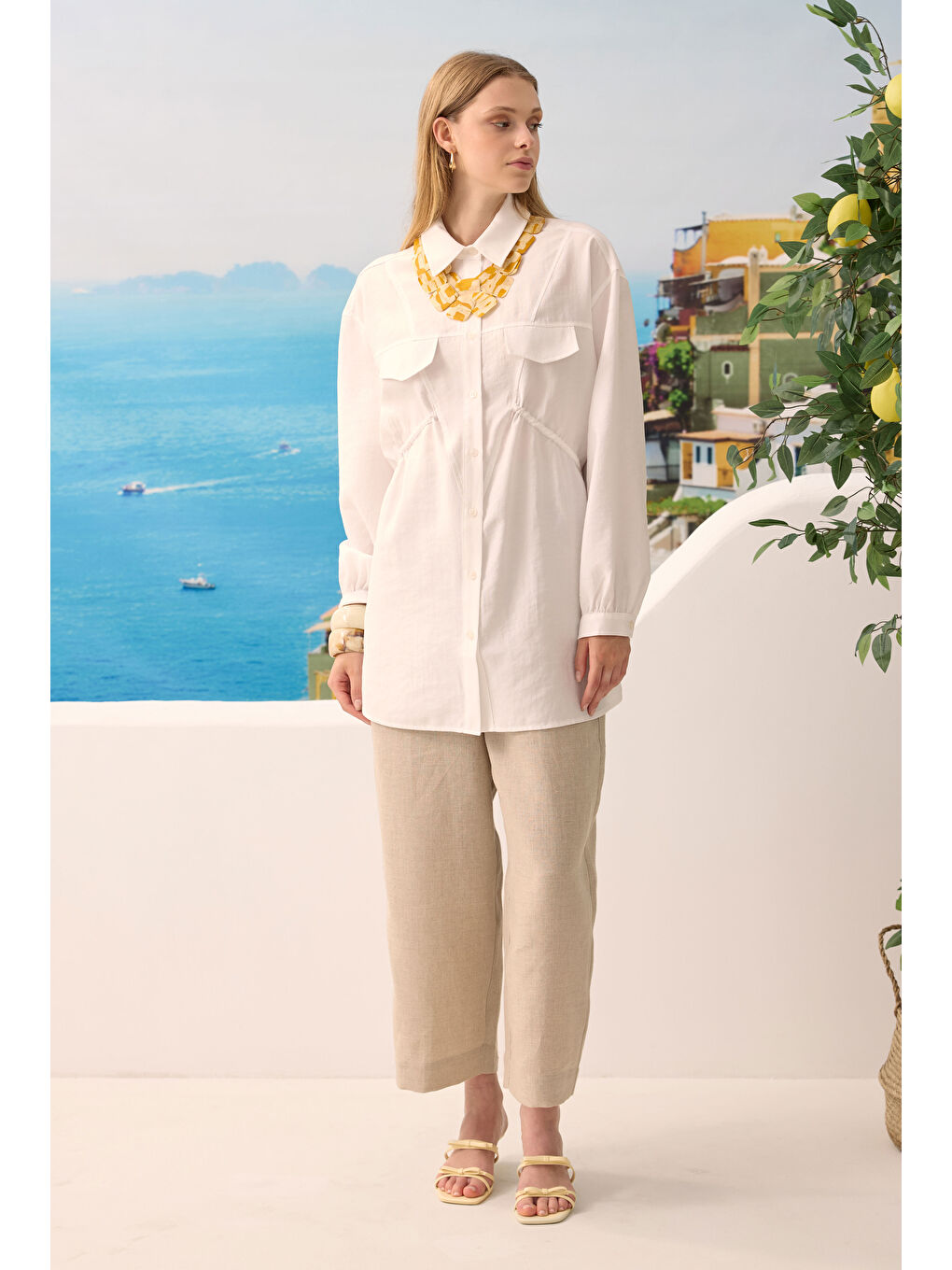 Verev Büzgü Detaylı Gömlek Beyaz-4