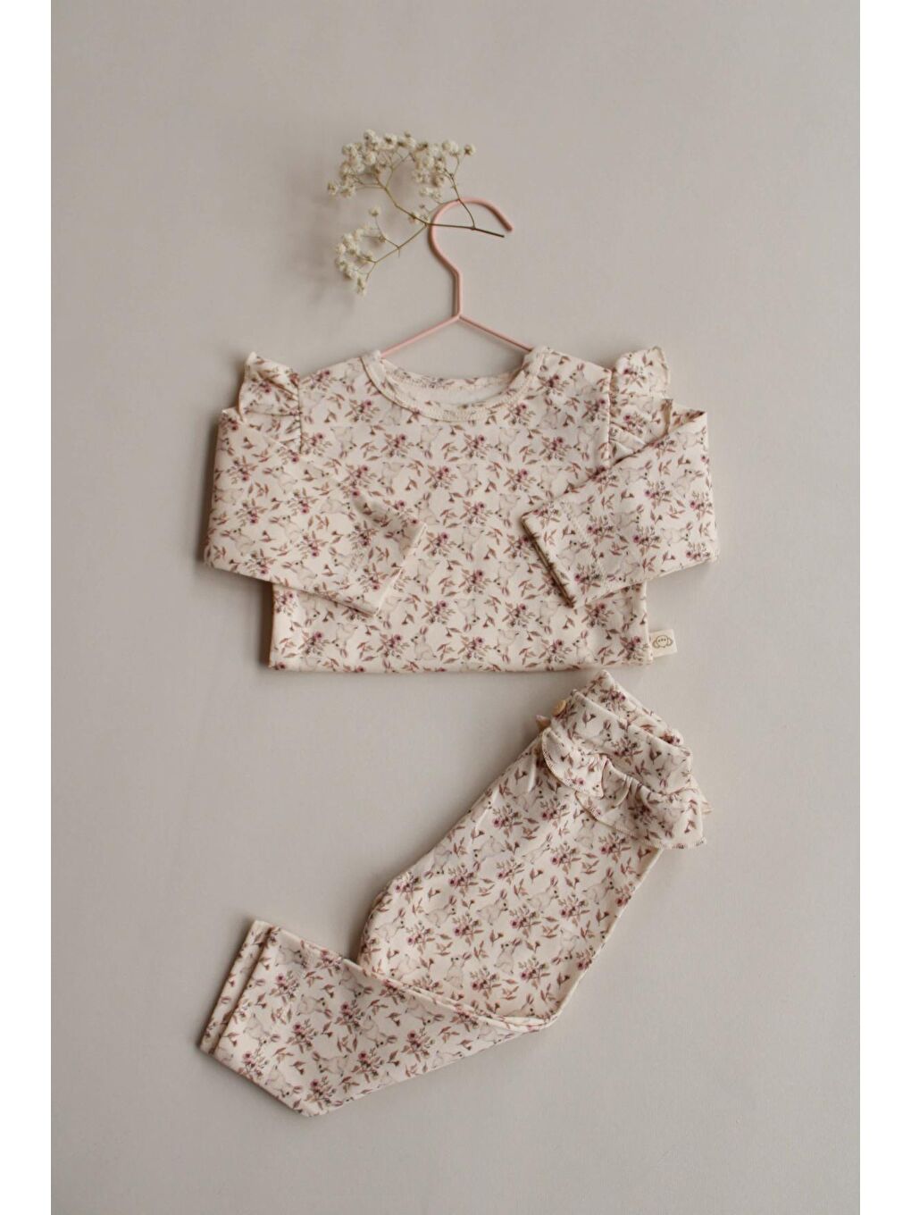 Ekru Tavşan Desenli Fırfırlı Body Tayt Takım-2