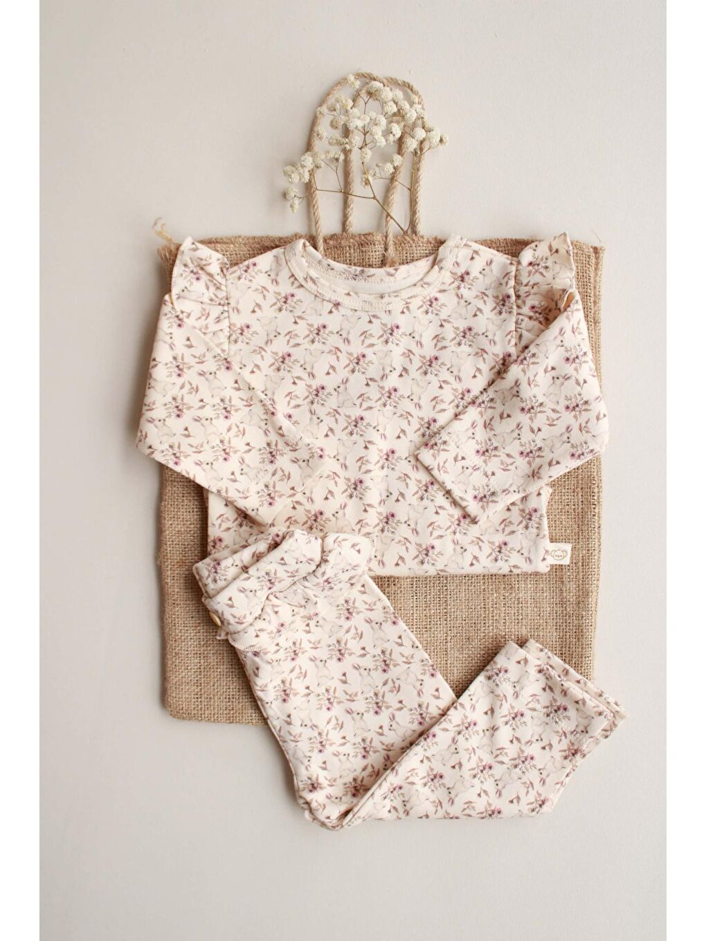 Ekru Tavşan Desenli Fırfırlı Body Tayt Takım-4