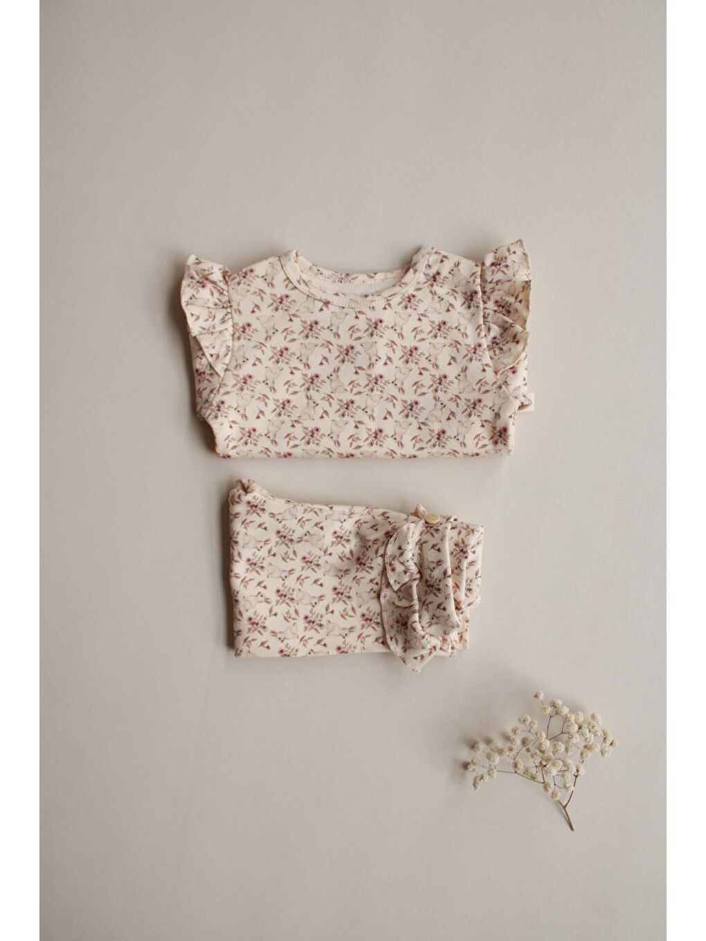 Ekru Tavşan Desenli Fırfırlı Body Tayt Takım-5