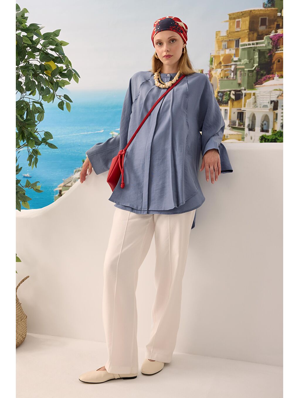 Lila Pile Detaylı Gömlek Lavanta Mavi