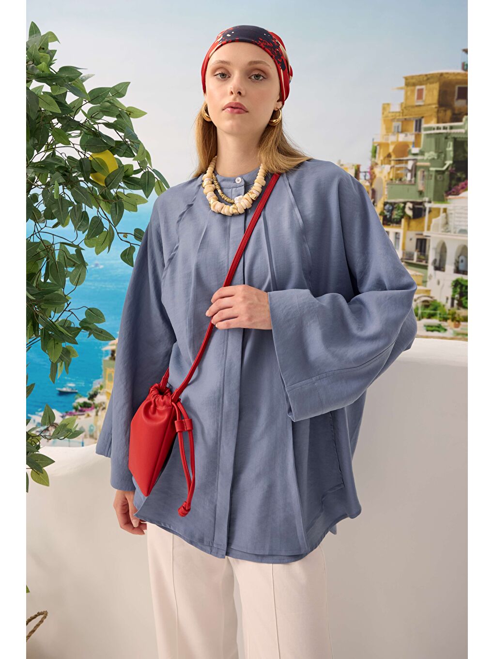 Lila Pile Detaylı Gömlek Lavanta Mavi-1