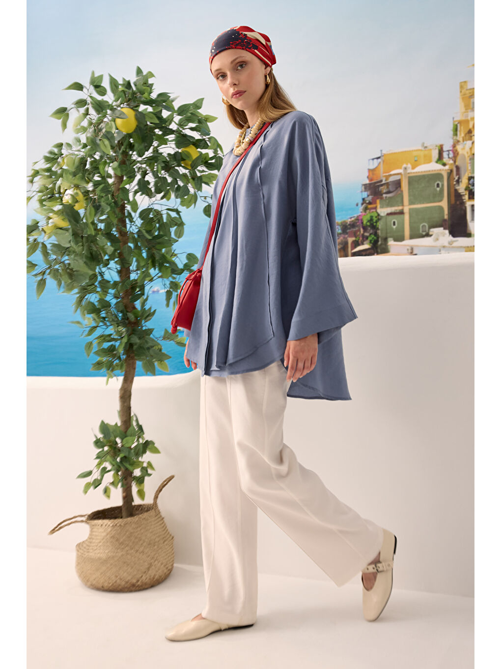 Lila Pile Detaylı Gömlek Lavanta Mavi-2