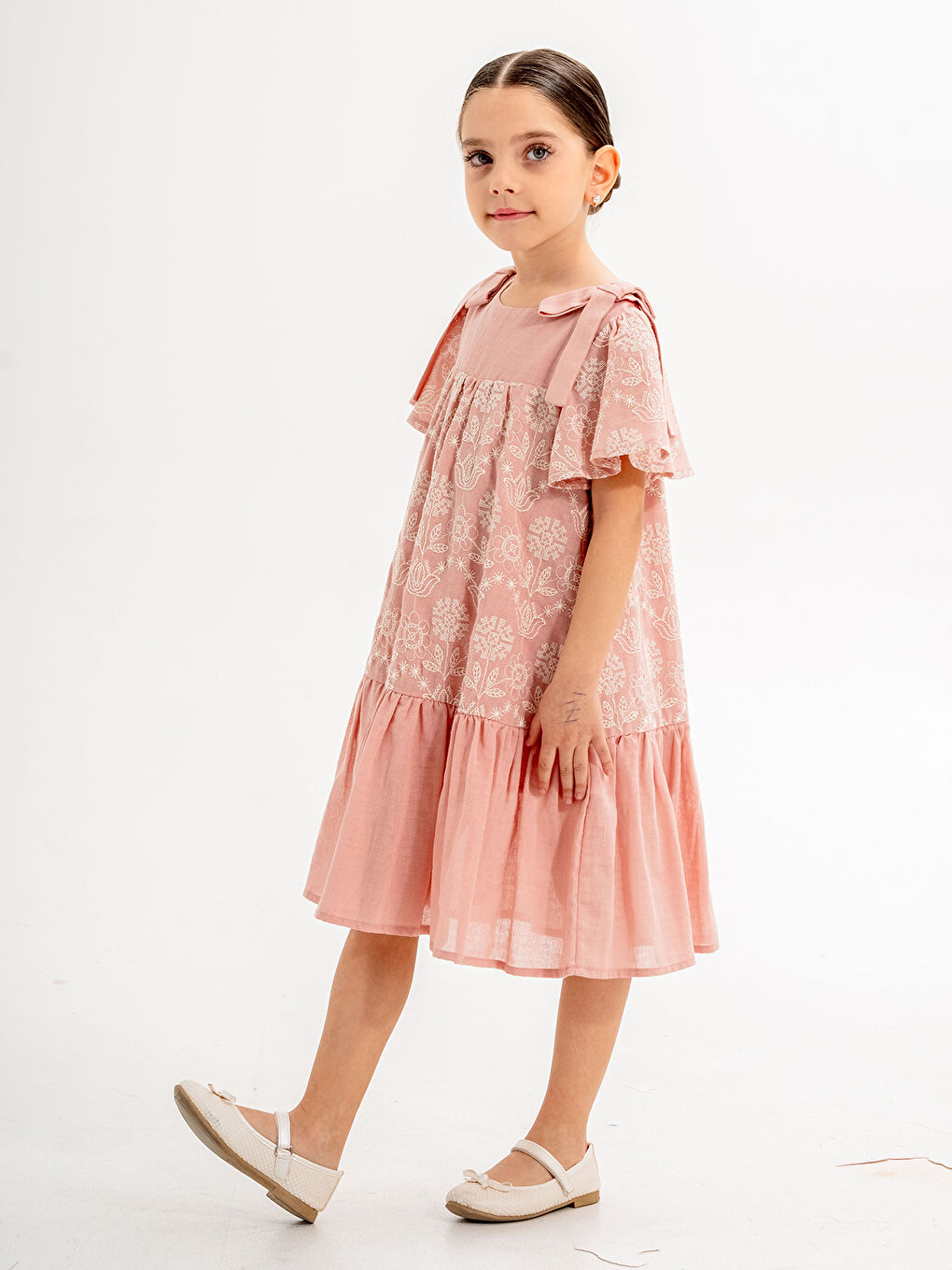 Pembe Kız Çocuk Elbise 6-9 Yaş Pudra