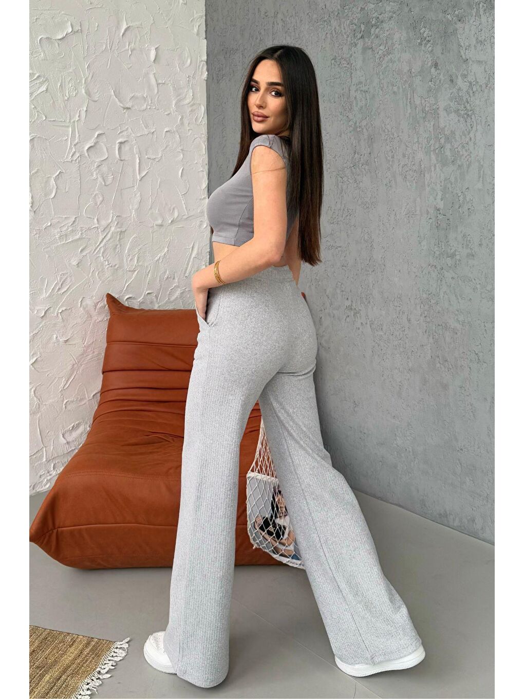 MMETALIC Kadın Gri Yüksek Bel Bol Paça Kaşkorse Fitilli Cepli Pantolon Eşofman Altı - 6
