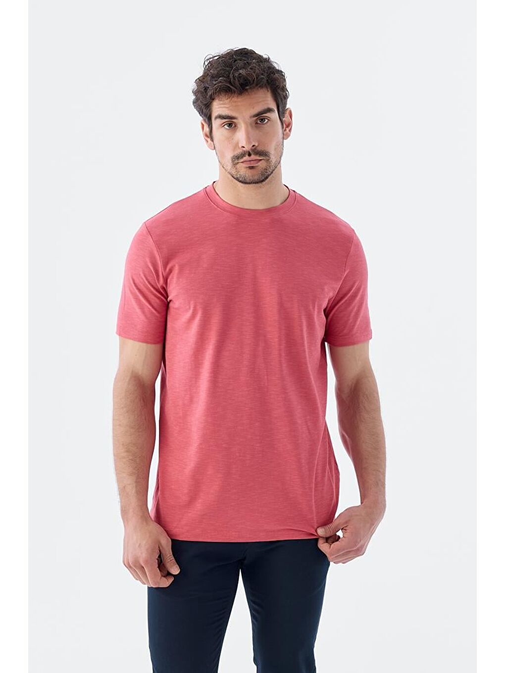 Pembe Gül Kurusu Slim Fit Bisiklet Yaka T-Shirt