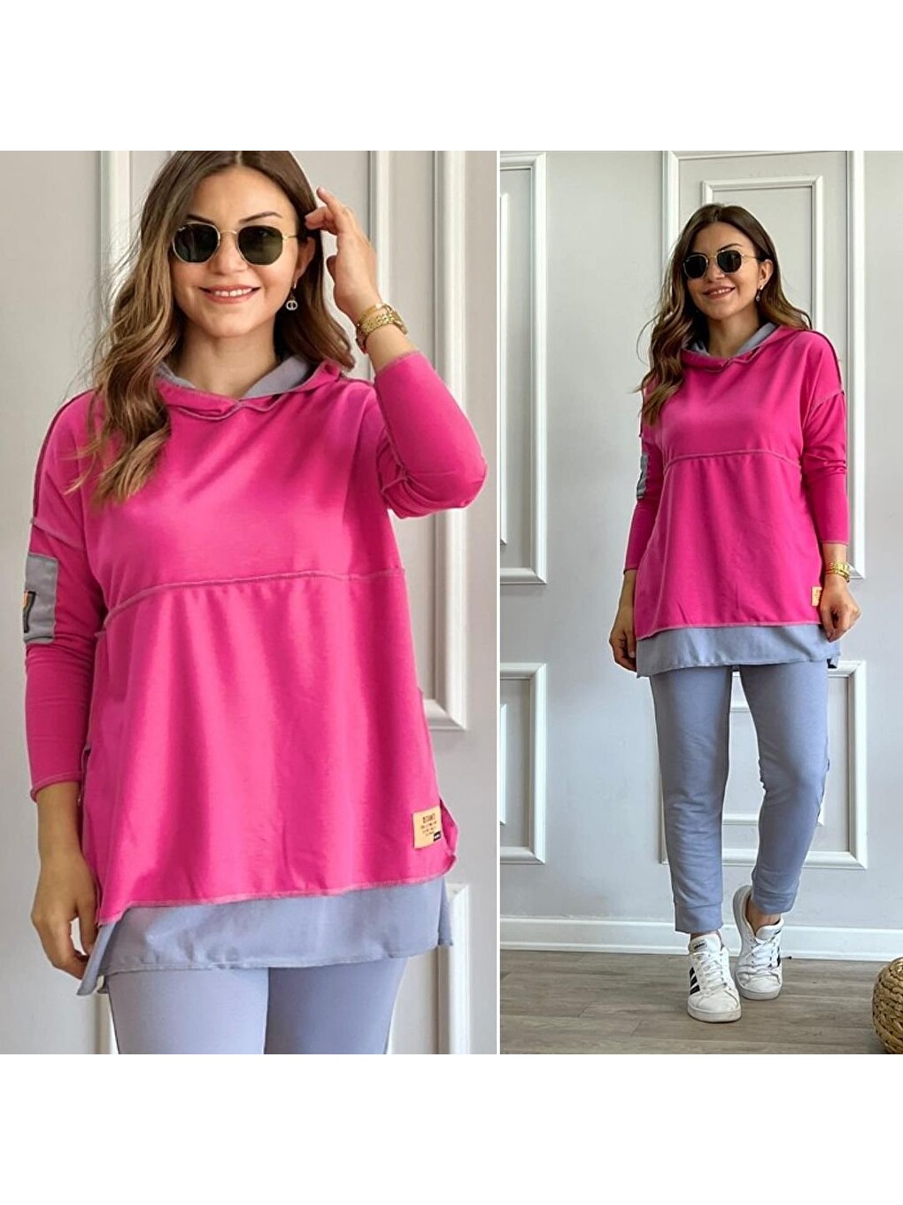 Kadın Pembe Kapüşonlu Etek Ucu Detay Arma Ters Dikiş Gorunumlu Ikili Takım-1
