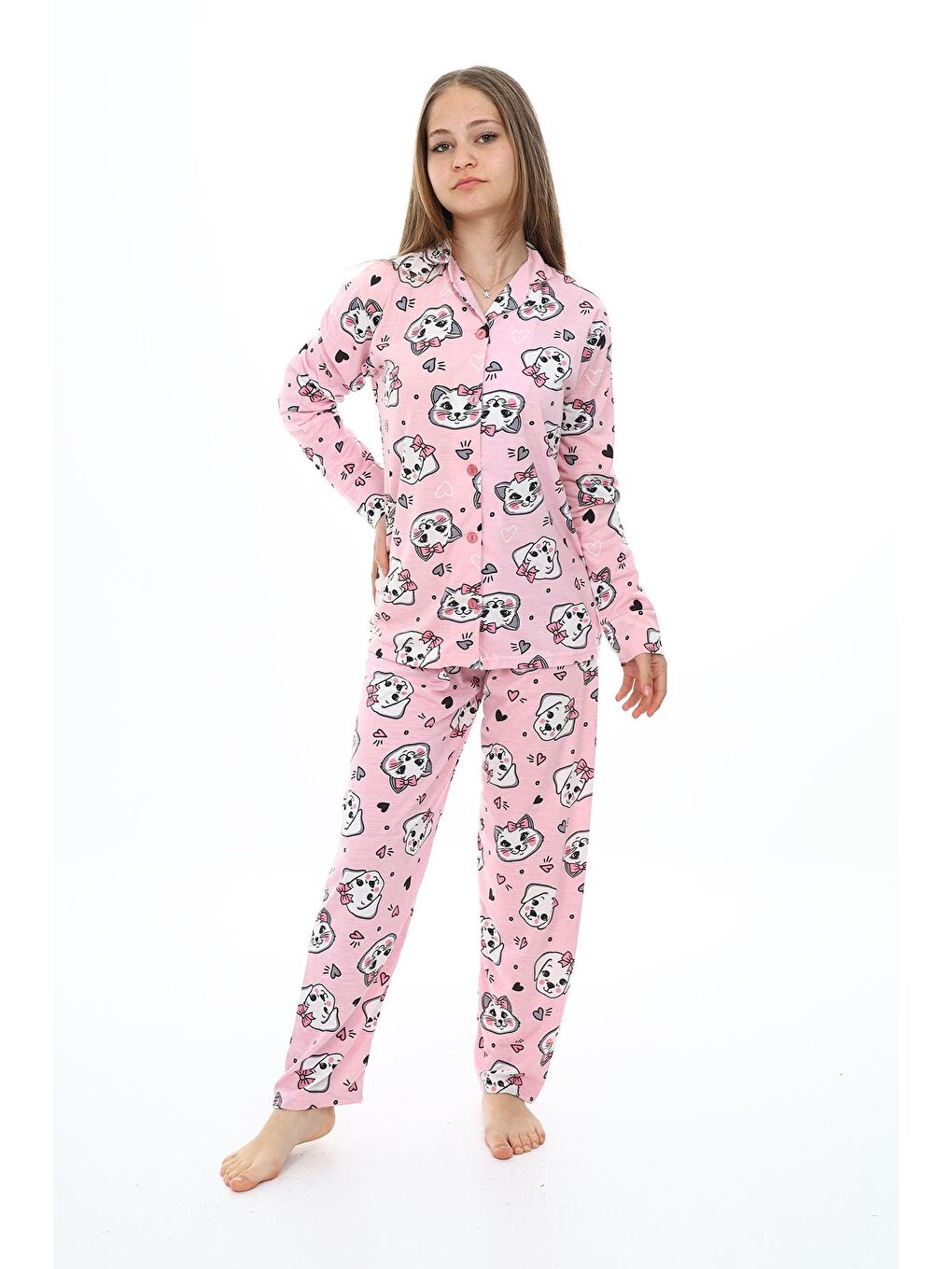 EFTELYA Pembe Kız Çocuk Papyonlu Kedi Baskılı Pijama Takımı 7-16 Yaş 0155