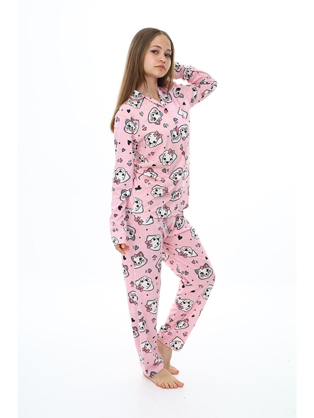 EFTELYA Pembe Kız Çocuk Papyonlu Kedi Baskılı Pijama Takımı 7-16 Yaş 0155 - 1