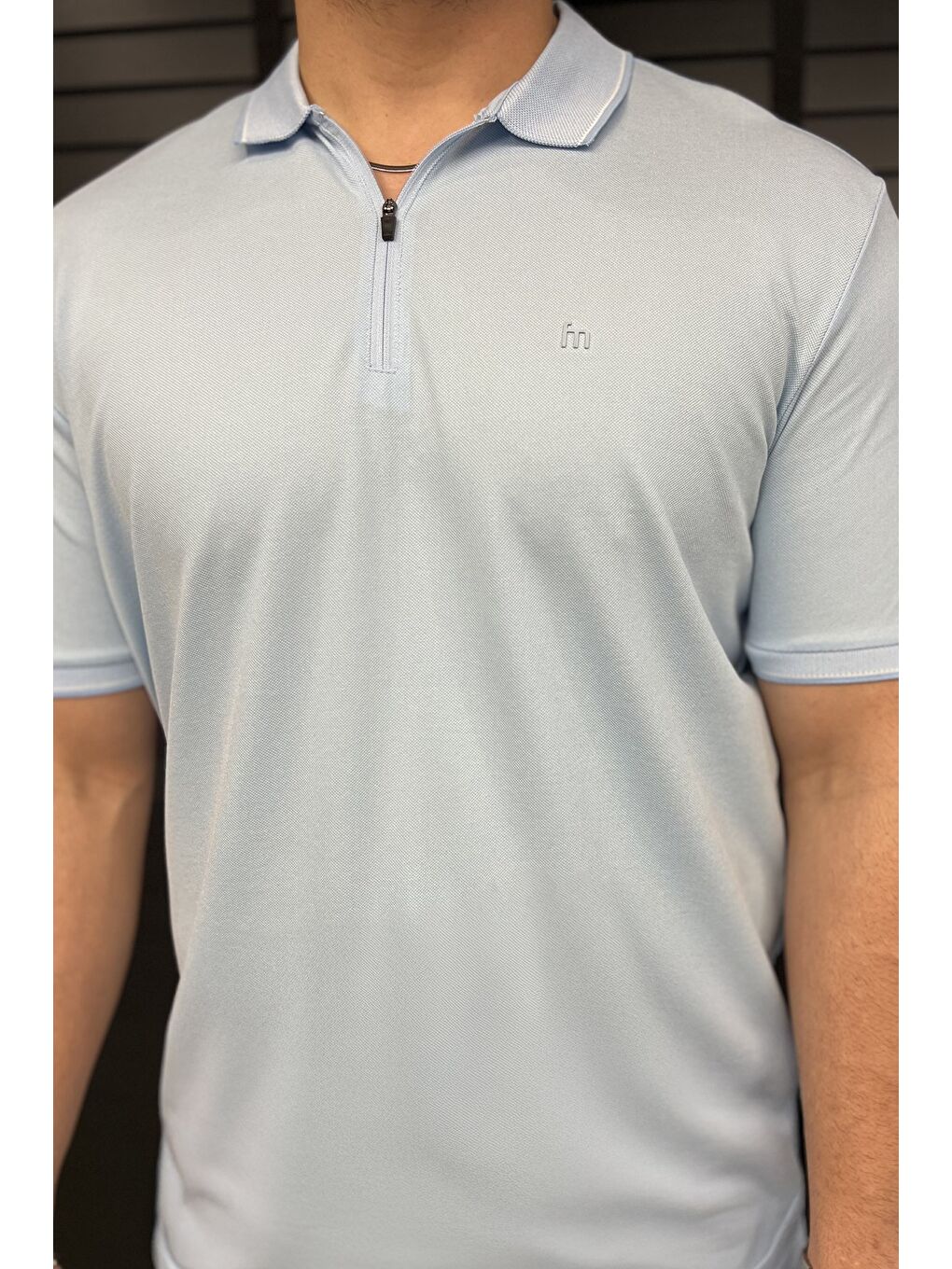 Mavi Yarım Fermuarlı Polo Yaka Erkek Tişört-2