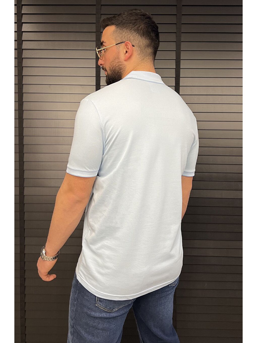 Mavi Yarım Fermuarlı Polo Yaka Erkek Tişört-3