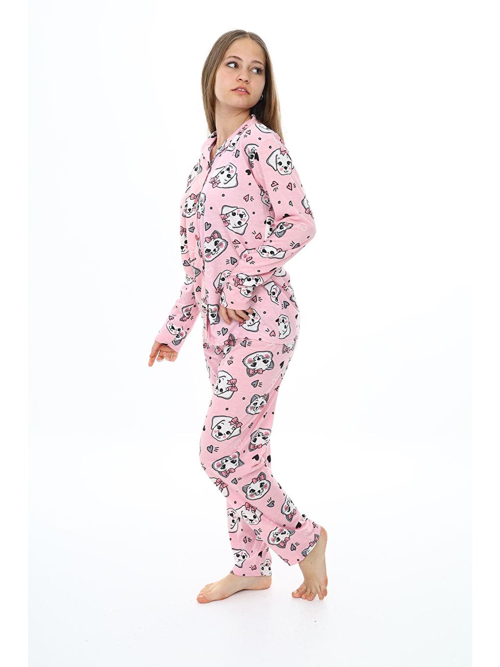 EFTELYA Pembe Kız Çocuk Papyonlu Kedi Baskılı Pijama Takımı 7-16 Yaş 0155 - 2