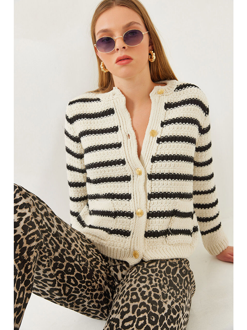 Lila Kadın Çizgili Hırka