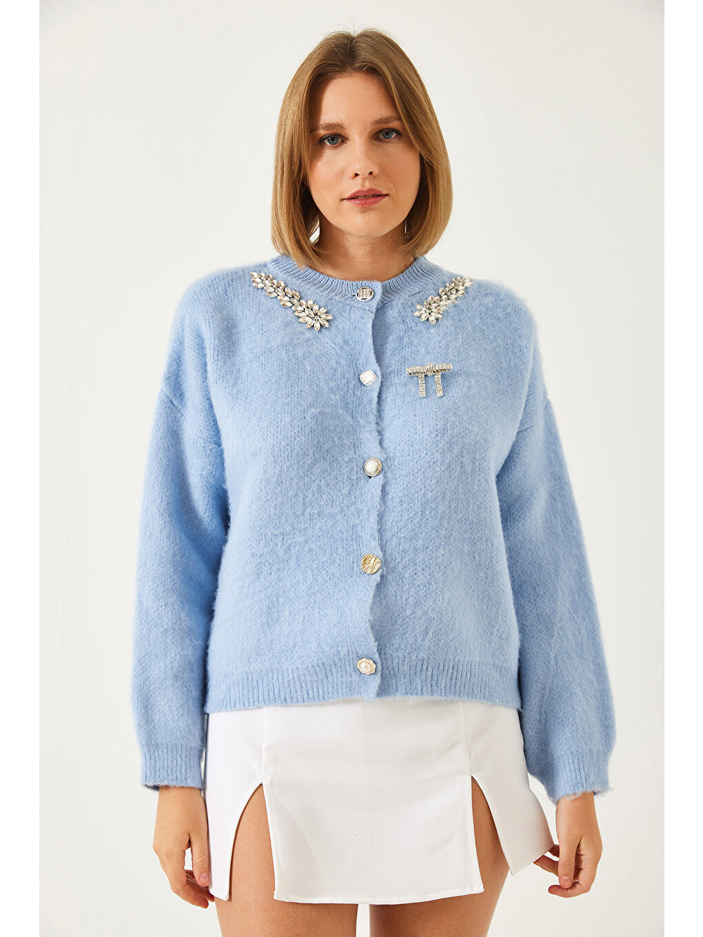 Mavi Kadın Yakası Taşlı Şardonlu Triko Hırka-1