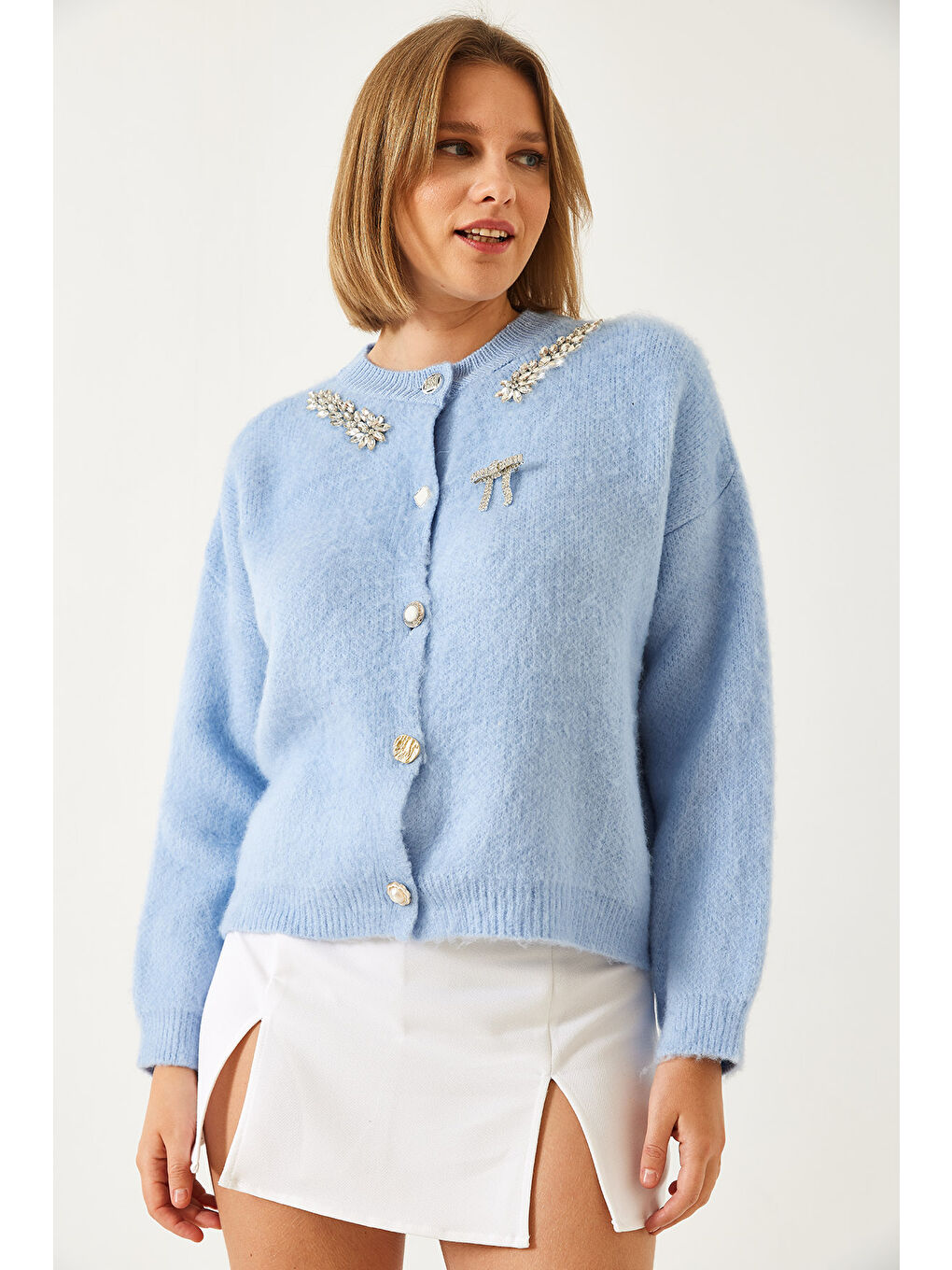 Mavi Kadın Yakası Taşlı Şardonlu Triko Hırka-2