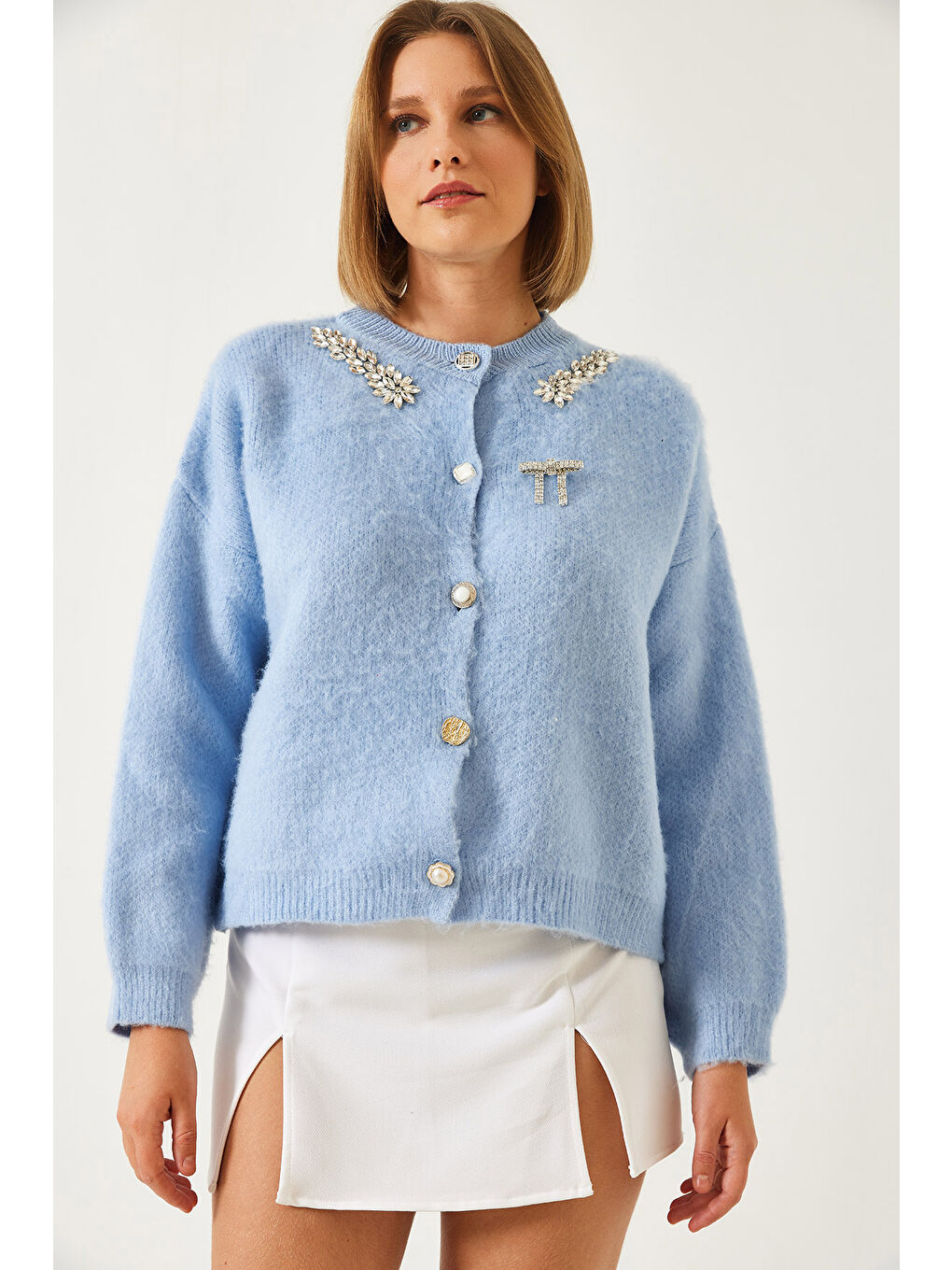 Mavi Kadın Yakası Taşlı Şardonlu Triko Hırka-3