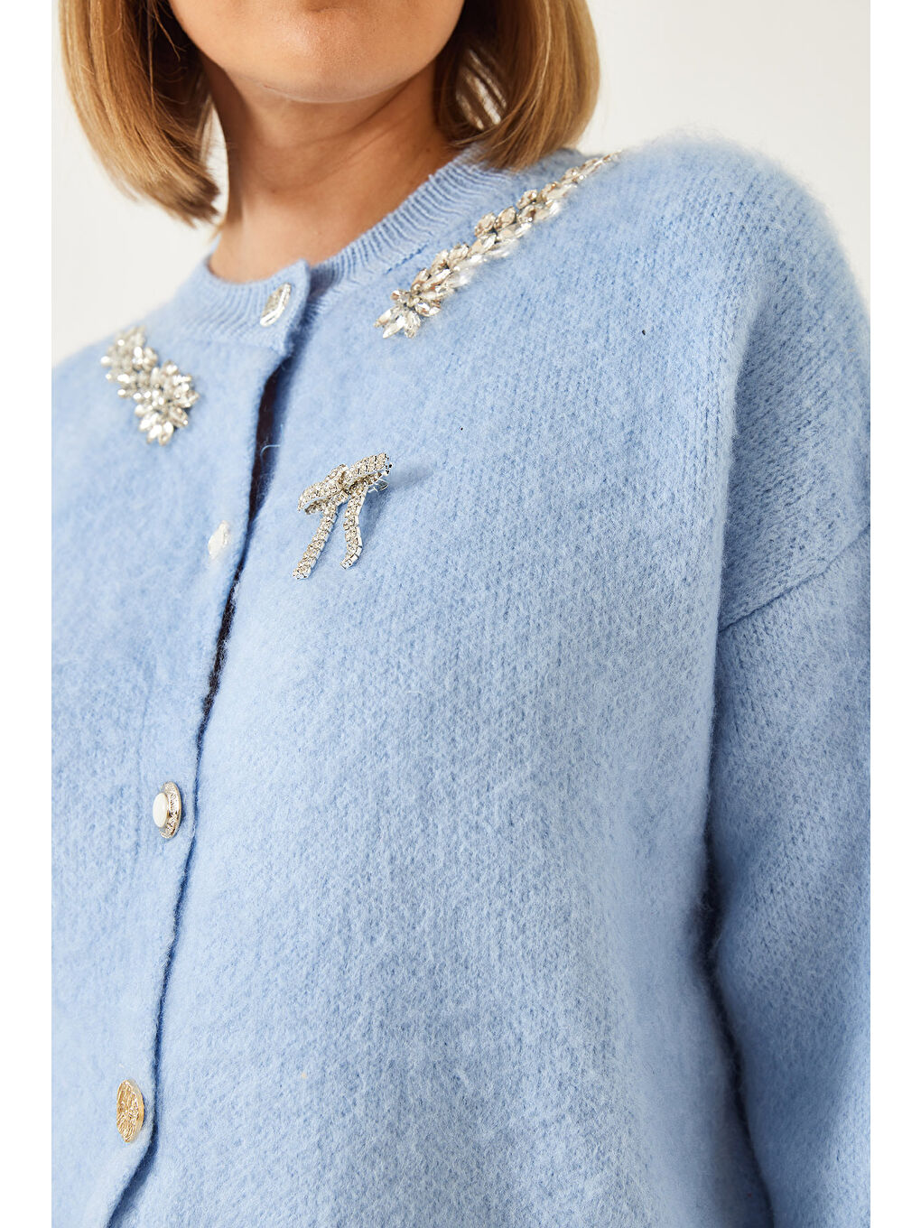 Mavi Kadın Yakası Taşlı Şardonlu Triko Hırka-4