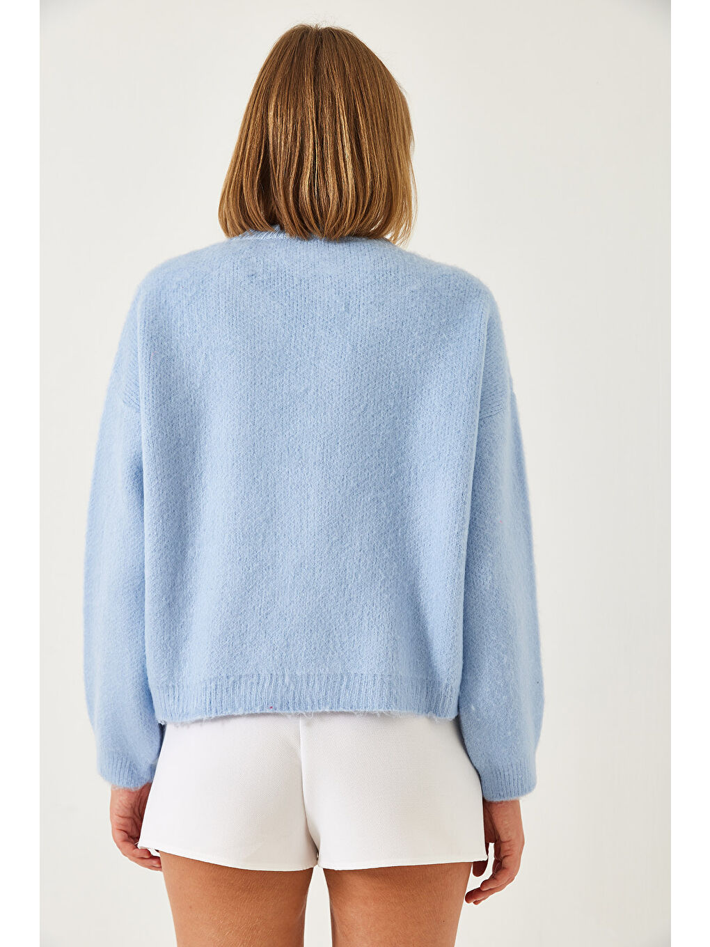 Mavi Kadın Yakası Taşlı Şardonlu Triko Hırka-5