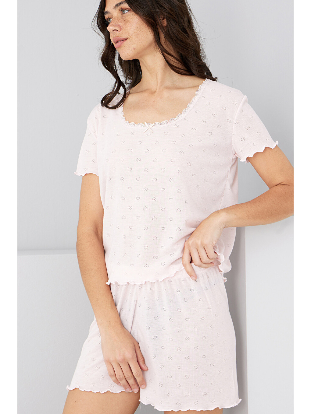 Pembe Pointel Ajurlu/delikli Örme Şort Takım7892