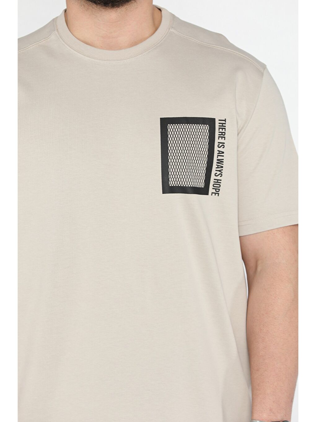 Bej Erkek Bisiklet Yaka Baskılı Tişört-3