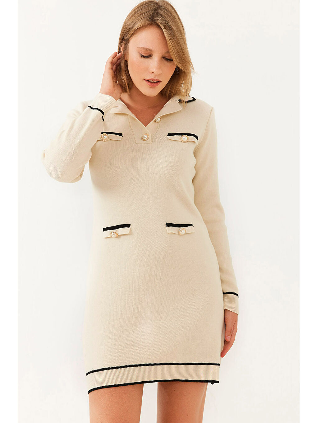 Lila Kadın Gömlek Yaka Düğme ve Cep Detaylı Uzun Kollu Mini Triko Elbise