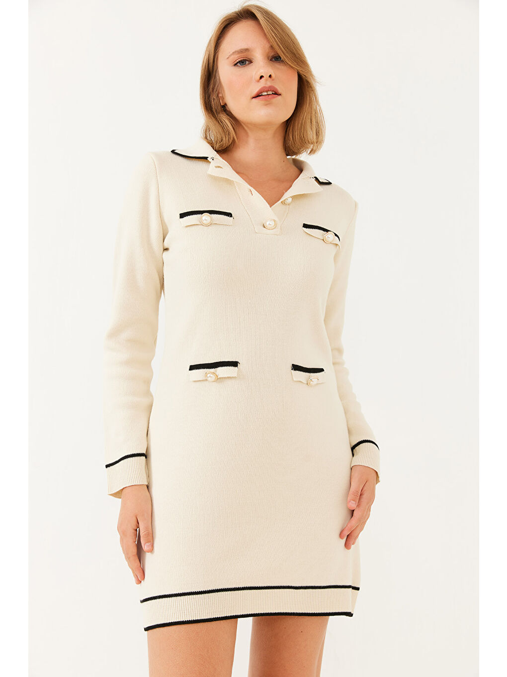 Lila Kadın Gömlek Yaka Düğme ve Cep Detaylı Uzun Kollu Mini Triko Elbise-1