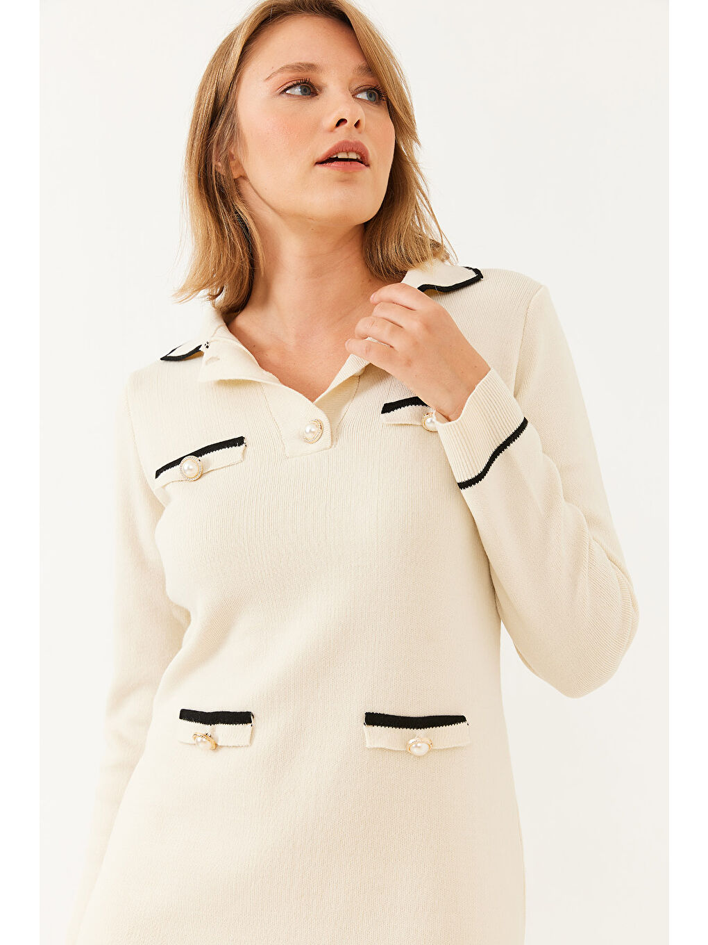 Lila Kadın Gömlek Yaka Düğme ve Cep Detaylı Uzun Kollu Mini Triko Elbise-2