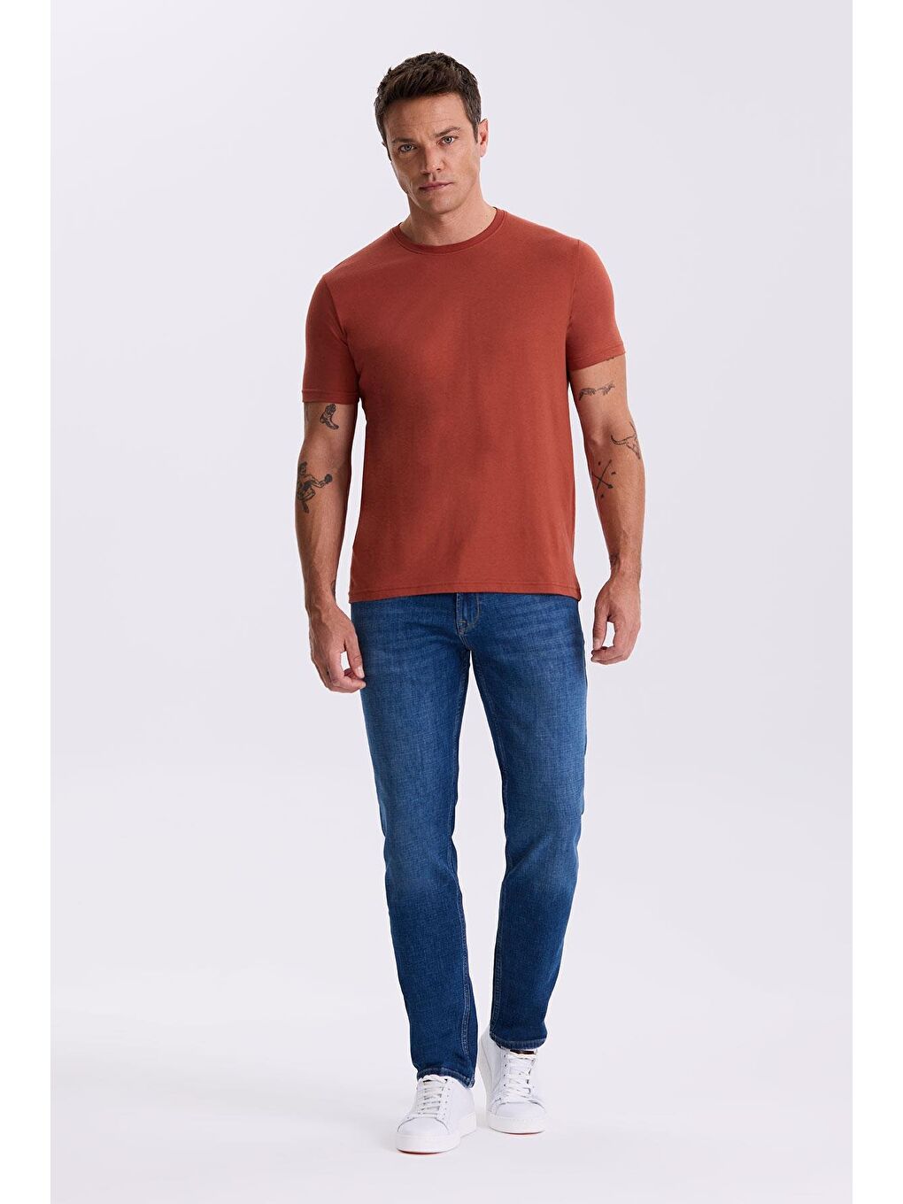 Kahverengi Tarçın %100 Pamuk Slim Fit Bisiklet Yaka Basic T-Shirt-1